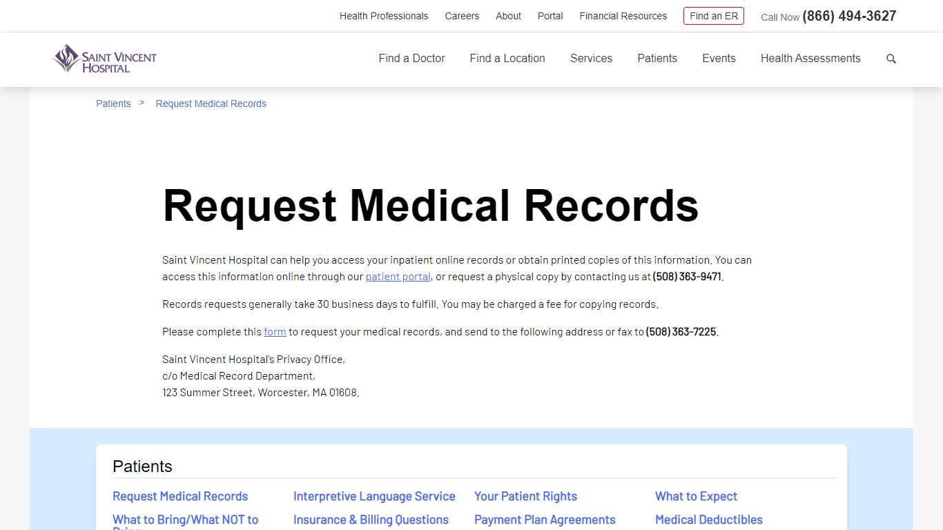 Request Patient Medical Records | Saint Vincent Hospital